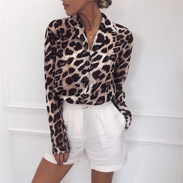 Женские блузкие рубашки Сексуальные леопардовые принт V Блузя шифоновая блузка с длинным рукавом офисная рубашка повседневная свободная Blusas Kz650 230331