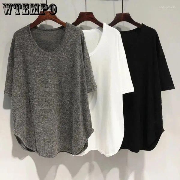 Mulheres Camisetas WTempo Mulheres Primavera Verão Curvo Hem Coreano Solto Mid-Comprimento V-Pescoço T-shirts Curto Batwing Manga Casual Sólido Tops Finos