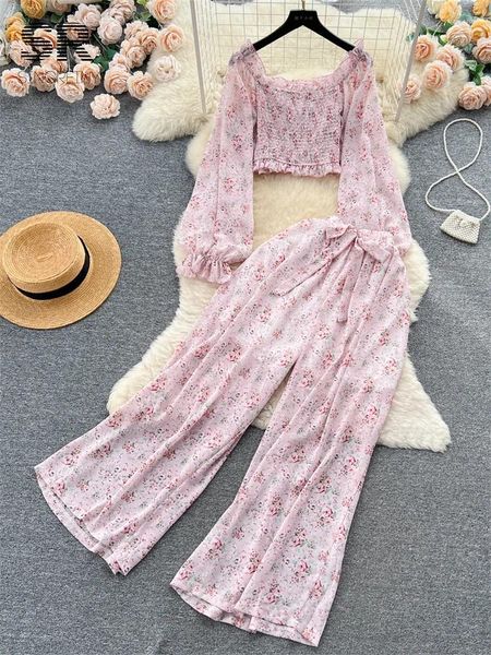 Zweiteilige Damenhose SINGREINY Blumendruck-Sets Rüschen Langarm Quadratischer Ausschnitt Top Elastische Taille Lockerer lässiger Sommer-Chiffon-Anzug