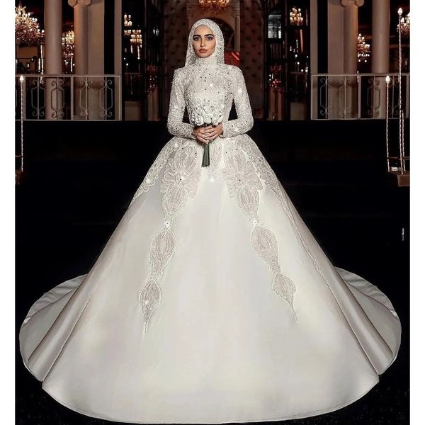 Vintage Beyaz Dantel Müslüman Balo Elbise Gelinlik Yüksek Boyun Uzun Kollu Aletler Robe De Mariage 328 328