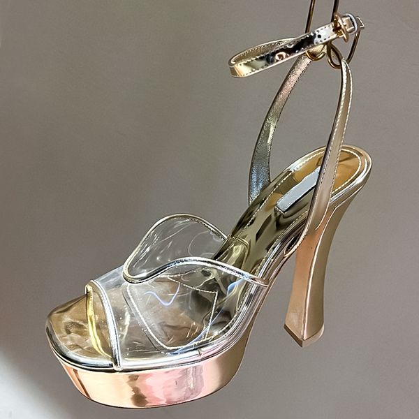 С коробкой Дизайнерские туфли на высоком каблуке для свадебной вечеринки Gold Sier Лакированная кожаная пленка Сандалии с тонким ремешком Офисные профессиональные женские туфли на платформе на толстом каблуке 1021