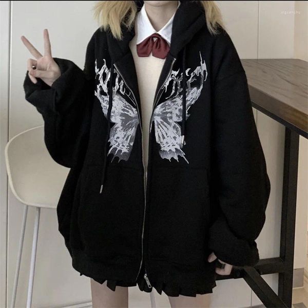 Felpe con cappuccio da donna 2023 Primavera Autunno Hip Hop Punk Felpa Top Donna Farfalla Stampa Harajuku Manica lunga Zip Up Giacca con cappuccio Femminile