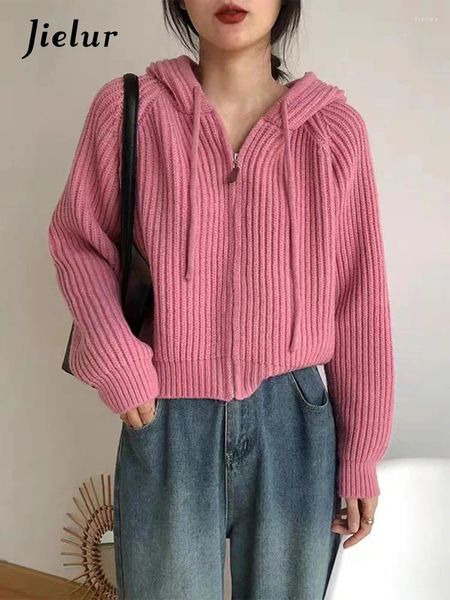 Cardigan femminile allentato con coulisse chic con cappuccio rosa lavorato a maglia da donna maglione lavorato a maglia con cerniera tinta unita casual coreano semplice