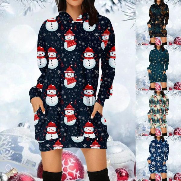 Vestidos casuais natal mulheres hoodie vestido moda papai noel elk impressão moletom saco quadril bolso pullovers mini vestidos