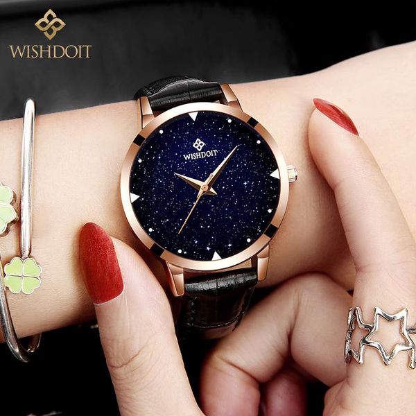 Armbanduhren 2023 WISHDOIT Star Sky Girl Armbanduhr Luxus Weibliche Uhr Quarz Wasserdicht Rose Gold Leder Damenuhr
