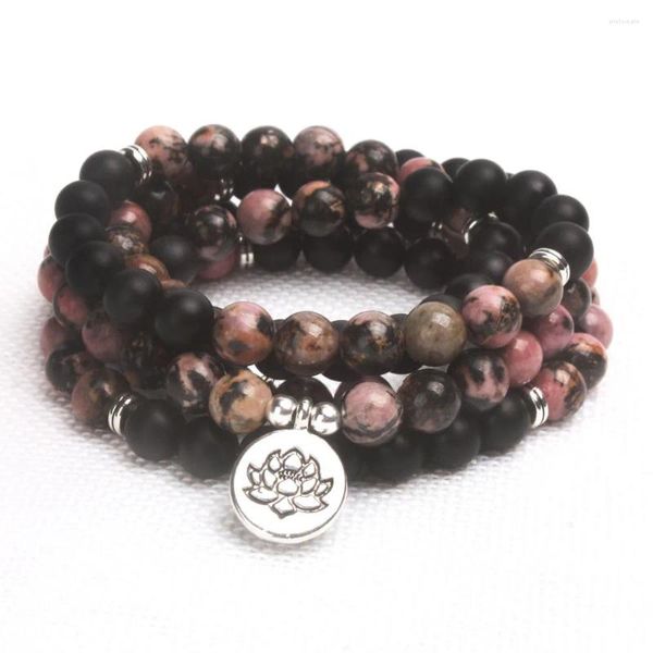 Filo all'ingrosso 108 perline Buddista Mala Wrap Stack Bracciale a strati Bracciale in onice nero smerigliato naturale Rodonite con fascino di loto