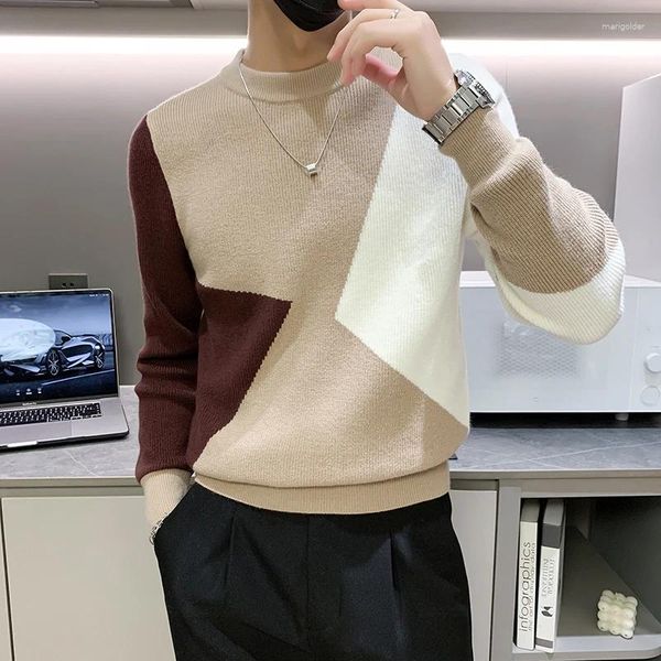 Maglioni da uomo Maglione geometrico di colore a contrasto per uomo Colletto tondo Maniche lunghe Slim Fit Pullover da uomo Moda Sueteres Para Hombre