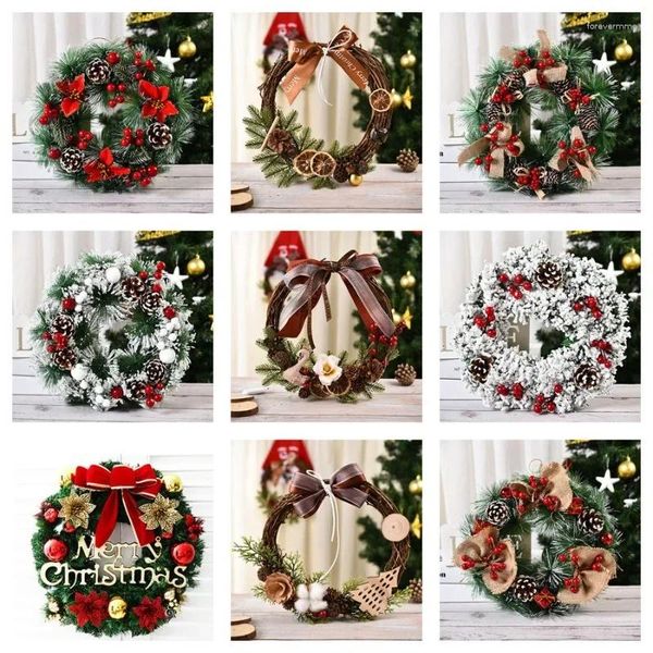 Flores decorativas guirlanda de natal com pinhas frutas vermelhas fita floco de neve para porta da frente decoração de festa inverno ao ar livre indoor 1 pacote