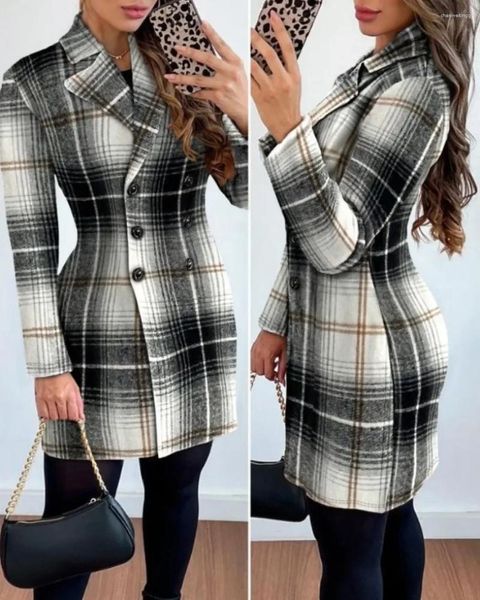 Abiti casual Autunno Inverno Cappotto di lana scozzese Abito da donna causale ufficio da donna scollo a V doppio petto donna sottile