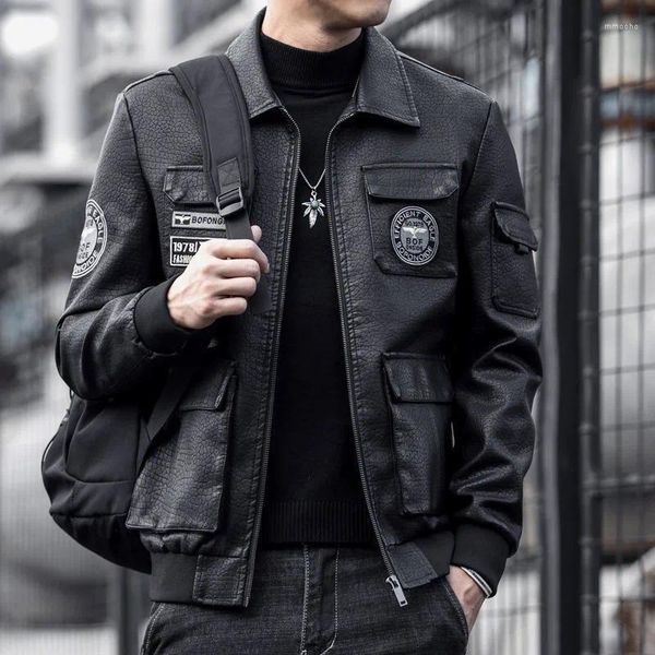 Мужские куртки, кожаная куртка, осенняя корейская свободная трендовая мотоциклетная одежда, повседневный ветрозащитный и непромокаемый топ с лацканами