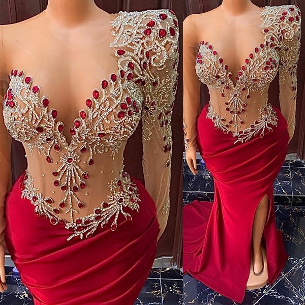 Fotos reais sereia aso ebi plus size vestidos de baile um ombro frisado mangas compridas cristais rehinestone lado split lantejoulas vestido de noite vestidos de gala