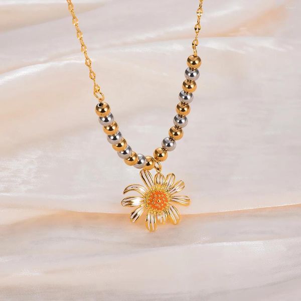 Anhänger Halsketten Edelstahl Sonnenblumen Halskette für Frauen Gold Farbe Perlen Halsband Mädchen Schmuck Geschenk