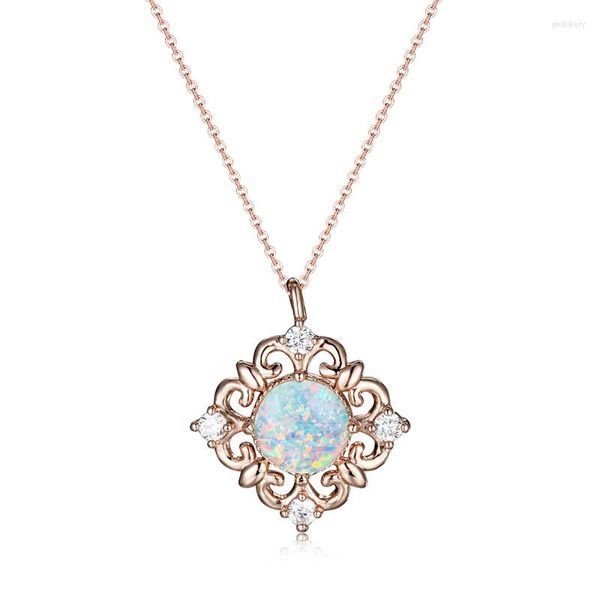 Anhänger Halsketten Weißer Opal Runde Stein Halskette Vintage Muster Rose Gold Farbe Trendige Statement Kette Für Frauen Geschenk