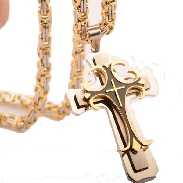 Catene Collana con pendente a croce Gesù Cristo in acciaio inossidabile Catena a maglie bizantine Colore argento placcato oro Gioielli da ragazzo da uomo