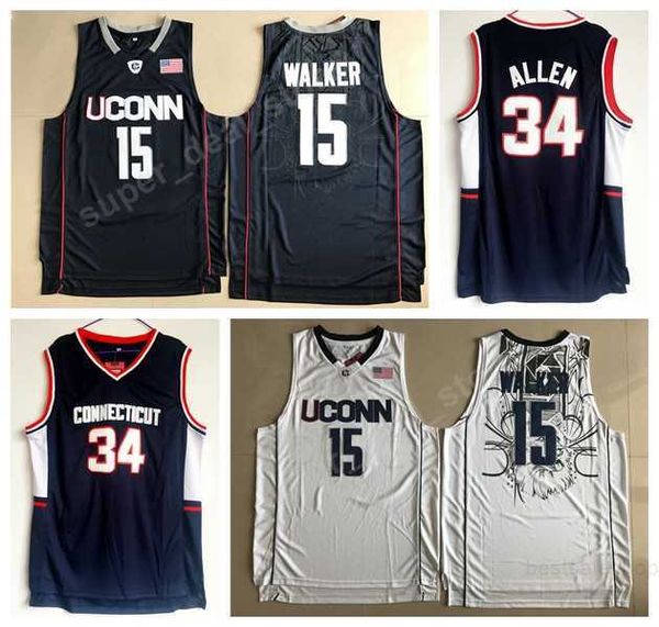 Uconn Huskies Maglie College Basketball 15 Kemba Walker Jersey 34 Ray Allen Blu Navy Bianco Tutte Cucite Alta Qualità Spedizione Gratuita