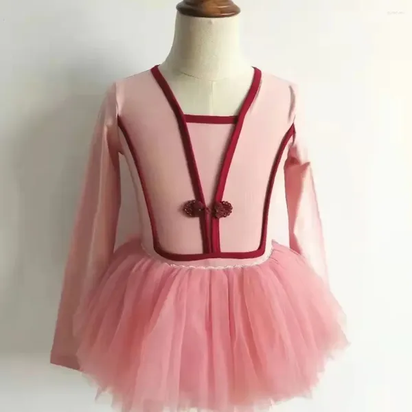 Palco desgaste ballet dança vestido para menina clássica manga longa chinês nó decoração collants tutu saias ginástica traje