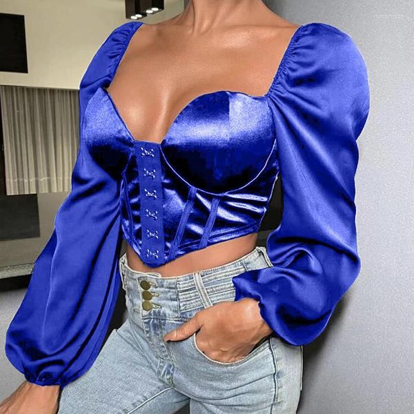 T-shirt da donna Hirigin Women Sexy Ruffle Off Shoulder Puff Long Sleeve Top Fashion V-Neck Tunica Tie-up Exposed Navel Camicetta Pullover