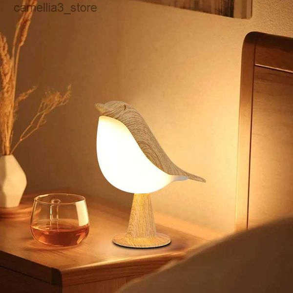 Lâmpadas de mesa 3 cores lâmpada de cabeceira led interruptor de toque de madeira pássaro noite luzes recarregável quarto mesa lâmpada de leitura decoração casa q231104