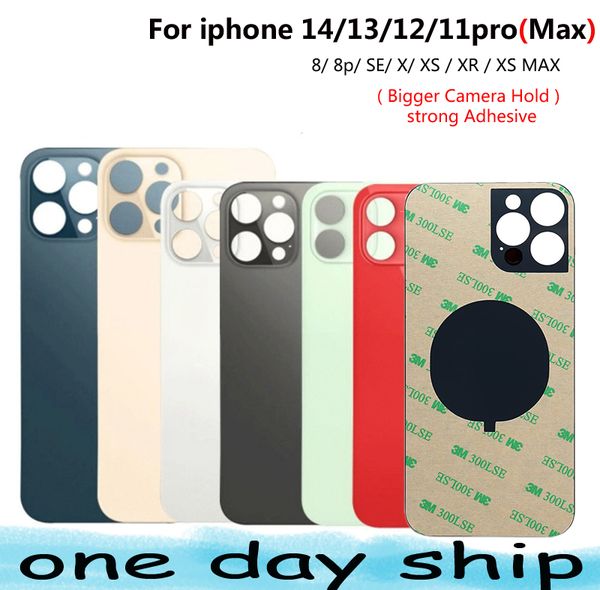 OEM Big Hole Backglasgehäuse für iPhone 8 8plus SE X XR XS 11 12 13 14 Pro Max Plus Batterie Heckabdeckungsgehäuse mit Kleberaufkleber