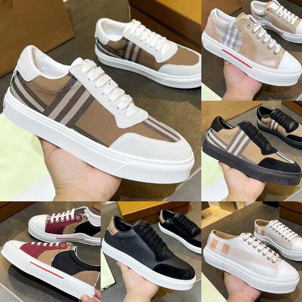 Vintage Burrberry Sapatos Imprimir Check Sneakers Designer Sapato Casual Homens Dois Tons Algodão Gabardine Flats Sapato Impresso Lettering Xadrez Sapato de Bezerro Mulher Treinadores