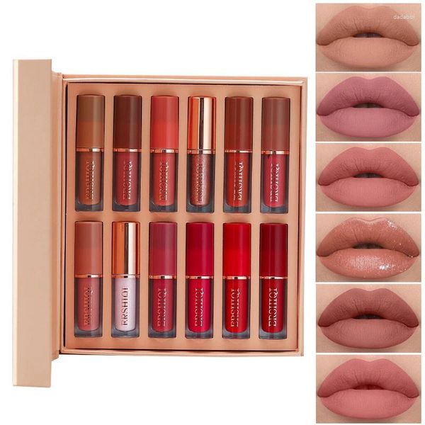 Lip Gloss Presente 12 Pçs/set Veludo Fosco À Prova D 'Água de Longa Duração Glitter Vermelho Batom Líquido Cosméticos Beleza Manter 24 Horas Maquiagem