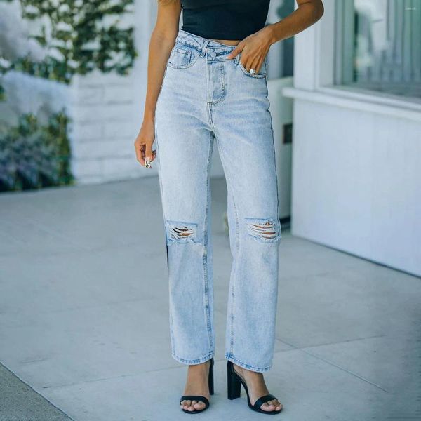 Jeans da donna Pantaloni dritti elasticizzati a vita alta da donna Pantaloni in denim con bottoni irregolari strappati Fori vintage casual