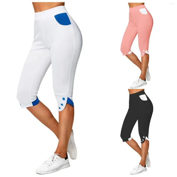 Damen-Shorts, Skihosen, Damen, Petite, hohe Taille, kurze Mode-Leggings mit Knöpfen, Stretch ist bequem, dehnbar für Damen