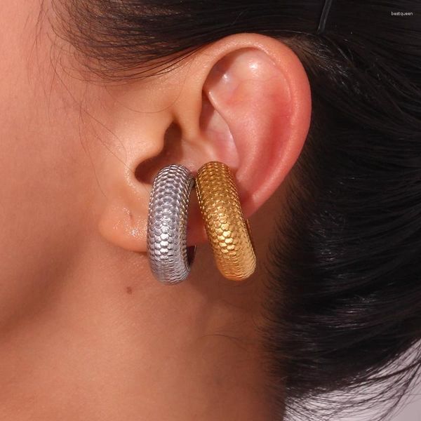 Backs Ohrringe, großer C-förmiger Fischschuppen-Muster, silberfarbener Clip-On-Ohrring für Party, 316L-Edelstahl, 18 Karat vergoldet, für Damen
