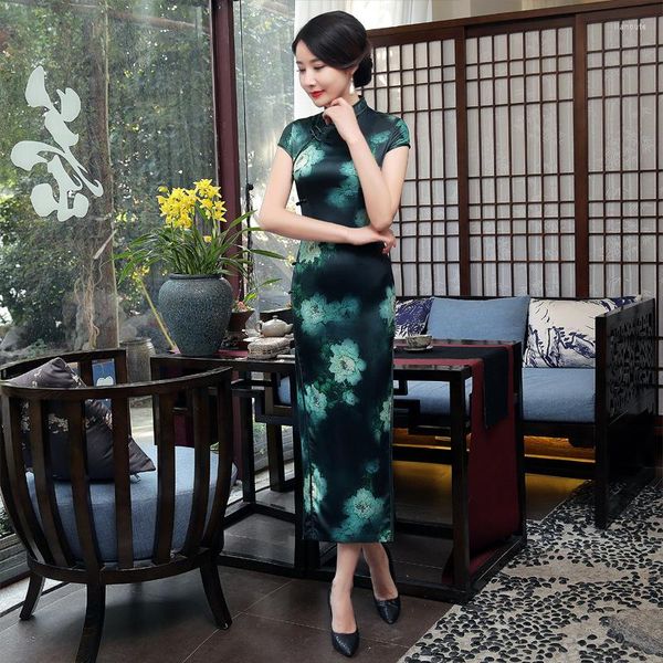 Roupas étnicas Moda feminina e elegante vestido Cheongsam modificado Retro Slim Cetin Green qipao Mulheres chinesas tradicionais longas vestidos longos