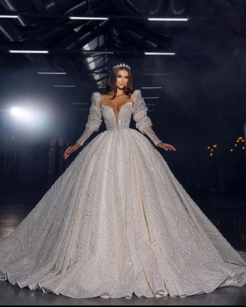 Abiti da sposa vintage di lusso con abiti da ballo, maniche lunghe gonfie, perline, abiti da sposa principessa con diamanti in cristallo, abiti da sposa con strascico lungo