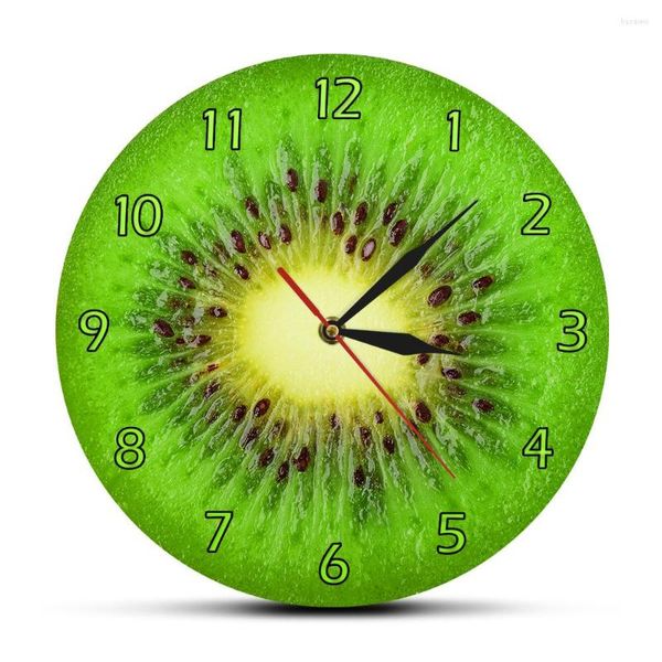 Orologi da parete Frutta estiva Sezionata Kiwi Progettato orologio verde Fetta fresca rotonda Actinidia Berry Store Decor Art Watch