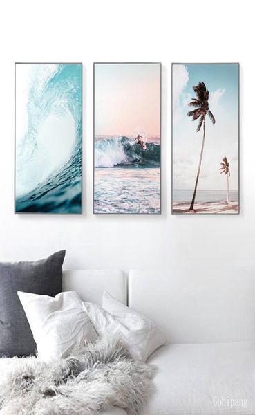 Nordic paisagem surf poster arte da parede aérea praia oceano onda impressões palmeira pintura em tela imagem de parede para sala estar 5598471