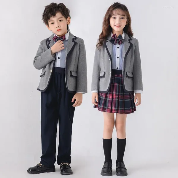 Set di abbigliamento Uniforme scolastica per bambini Ragazze Giacca grigia britannica Gonna a pieghe scozzese Ragazzi Abiti formali Abiti per bambini Studenti Classe