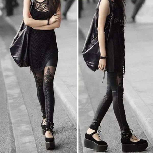 Leggings femininas na moda punk cross bandage lace-up bezerro calças de couro falso sexy alta elasticidade magro longo