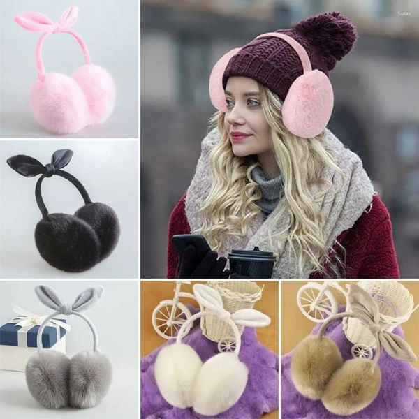 Berets arco de pelúcia orelha mais quente ao ar livre proteção fria cor sólida quente earmuffs orelha-muffs capa dobrável earflap feminino