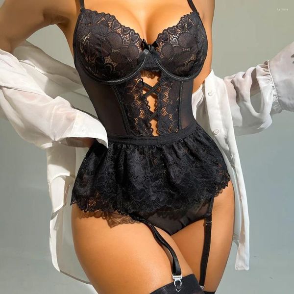 Intimo modellante da donna Lingerie sexy e perizoma in pizzo stretto Corsetto Set Prospettiva senza schienale Modellante Love Fun Biancheria intima Body