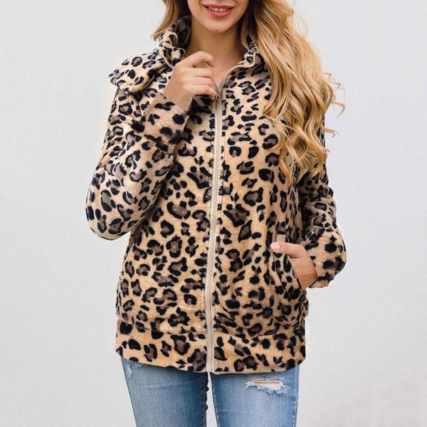 Giacche da donna Giacca in pelle da donna in pile con zip intera Autunno Inverno Casual Stampa leopardata Caldo H