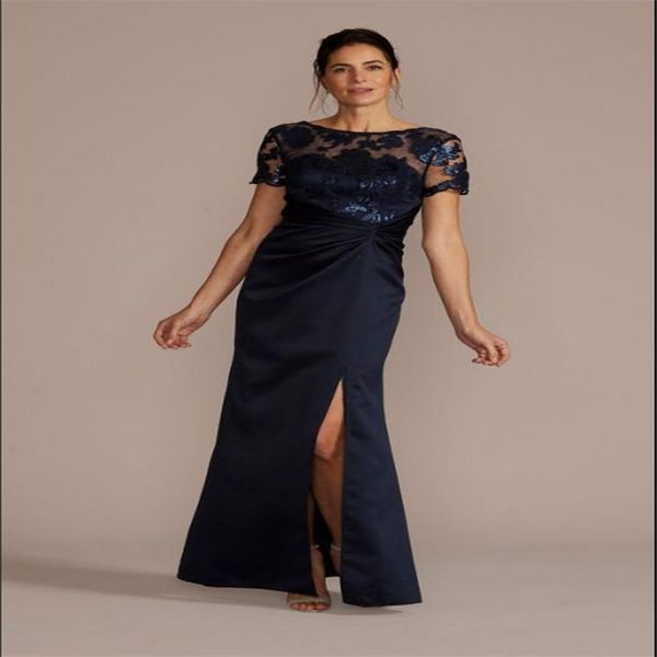 O-Ausschnitt Kleider für die Brautmutter für Hochzeiten Marineblauer Satinanzug – Kleid für Damen, kurzärmeliges, knielanges Mon-Kleid