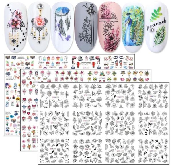 12pcs Nail Art Transfer Decals Waterstickers Kleurrijke Nagelsieraden Bloem Dier Zwart Sliders Manicure Tatoeages JIBN112912128015744