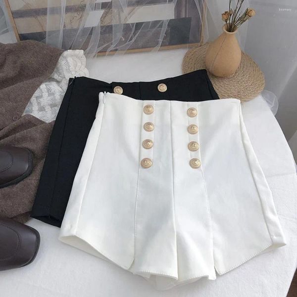 Pantaloncini da donna 2023 Nero Bianco Primavera Estate Vita alta Bottoni doppio petto Temperamento moda Cerniera posteriore Donna