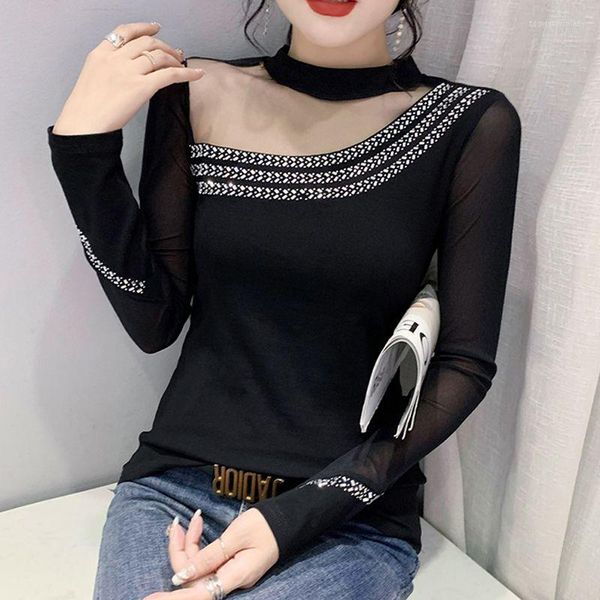 Damen-T-Shirts Mesh Splicing Bottom Shirt Feminines Hohlbügel-Diamant-T-Shirt Langarm-Top Damenkleidung Damenoberteile Koreanisch