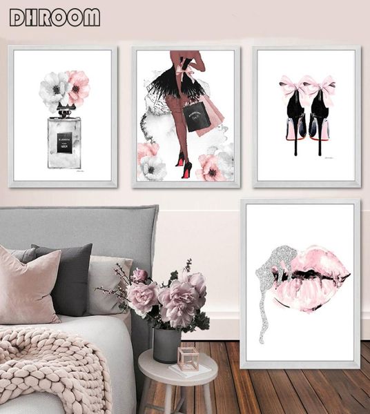 Mode Wand Kunst Parfüm Lippen Poster Nordic Drucken High Heels Leinwand Malerei Frau Bilder für Wohnzimmer Moderne Dekoration5058348