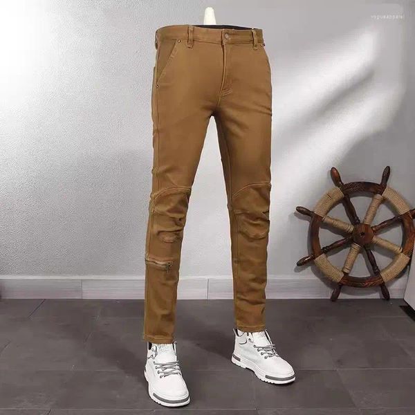 Jeans da uomo Streetwear Moda Uomo Khaki Elasticizzato Elasticizzato Slim Fit Impiombato Designer Biker Hip Hop Pantaloni in denim vintage Hombre