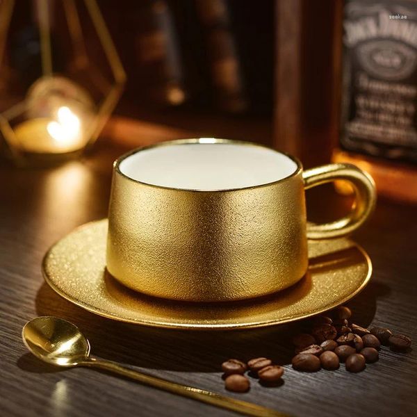 Tazze Set retrò in ceramica di lusso di fascia alta con piattino per tazza da caffè satinato in oro e argento