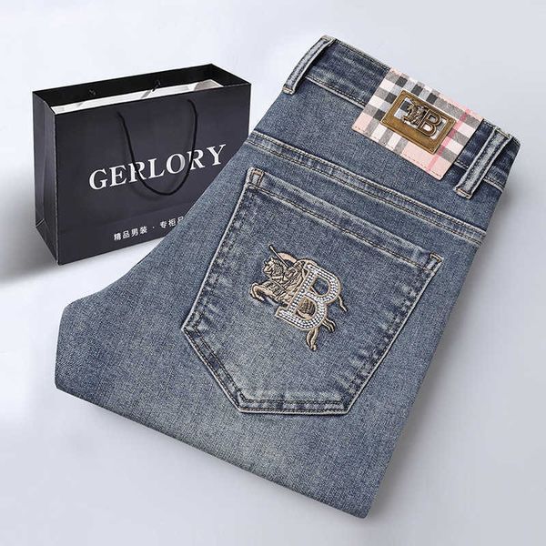 Jeans masculinos designer de luxo high end europeu outono e inverno jeans, b masculino fino encaixe tubo reto marca na moda hot stamping elástico solto calças casuais, homens qw6q