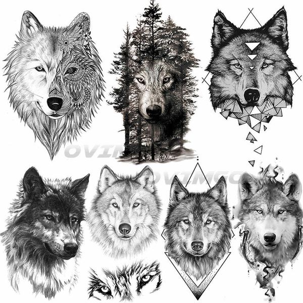 Tatuagens temporárias ommgo lobo preto lobo florestal tatuagem de penas tribais Tree temporária Tree feroz Tatuagem falsa para homens arte corporal Tatoos Tatoos Z0403