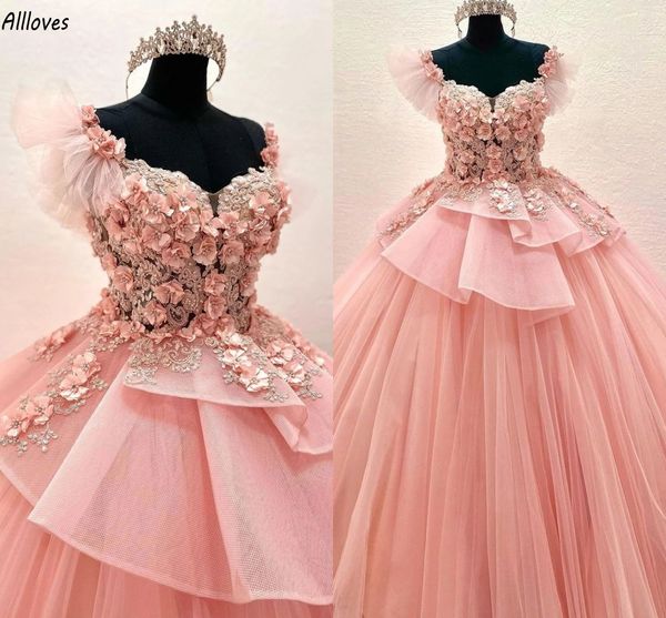 Fabuloso 3D flores artesanais vestidos quinceanera fora do ombro em camadas saia de tule inchado princesa vestidos de baile trem longo plus size doce 15 16 vestido de aniversário CL2881