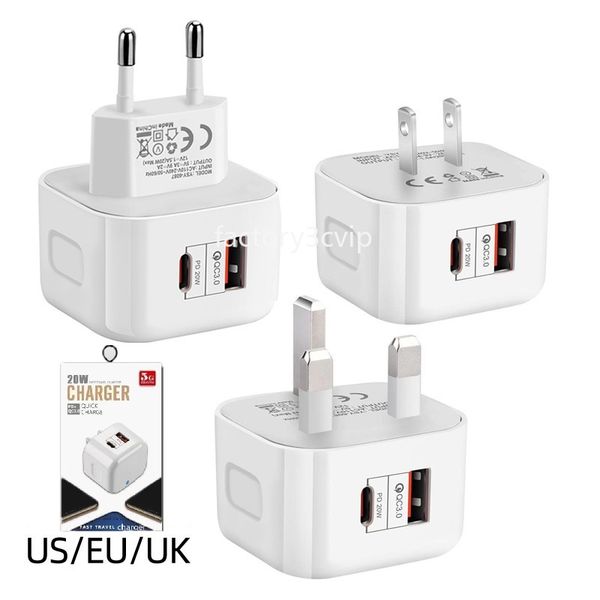 Carregador rápido rápido de 20 W Tipo c PD USB-C Carregador de parede Portas duplas UE EUA Reino Unido Adaptador de energia para iPhone 11 12 13 14 15 Samsung Huawei Xiaomi com caixa F1