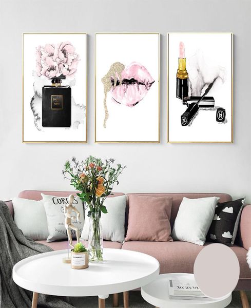 Lábios rosa impressão perfume cartaz batom maquiagem arte da parede pintura moda cartazes e impressões flor fotos de parede quarto decor1146345