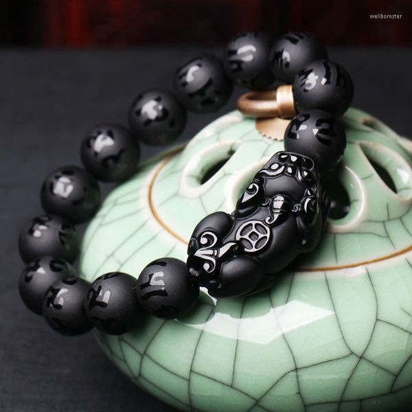 Filo di ossidiana naturale Fengshui Pixiu Bracciale Uomo Donna Giade nere Truppe coraggiose Mantra a sei parole Bracciale con perline Amuleto fortunato Regalo